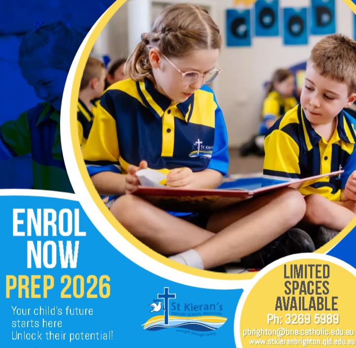 Students in school uniforms sitting on a carpet reading together, featured in an enrolment banner for St Kieran’s Preparatory School Prep 2026 with enrol now and limited spaces available text