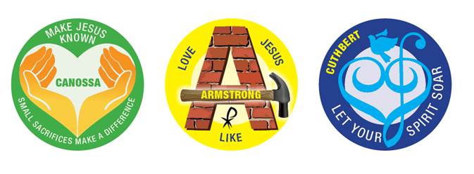 Three school house logos labelled Canossa Armstrong and Cuthbert